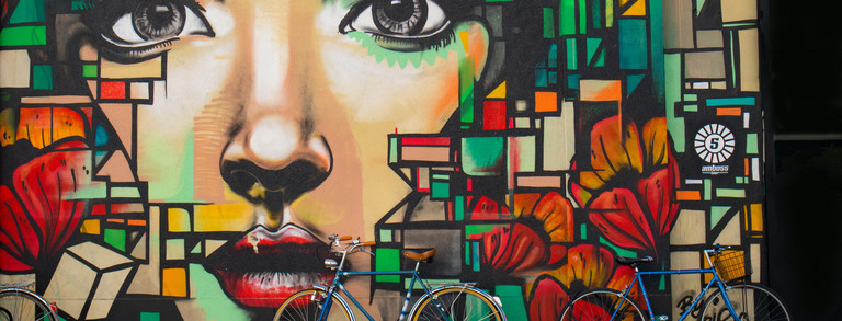 Grafittiwand mit Frauenkopf, davor zwei Fahrräder